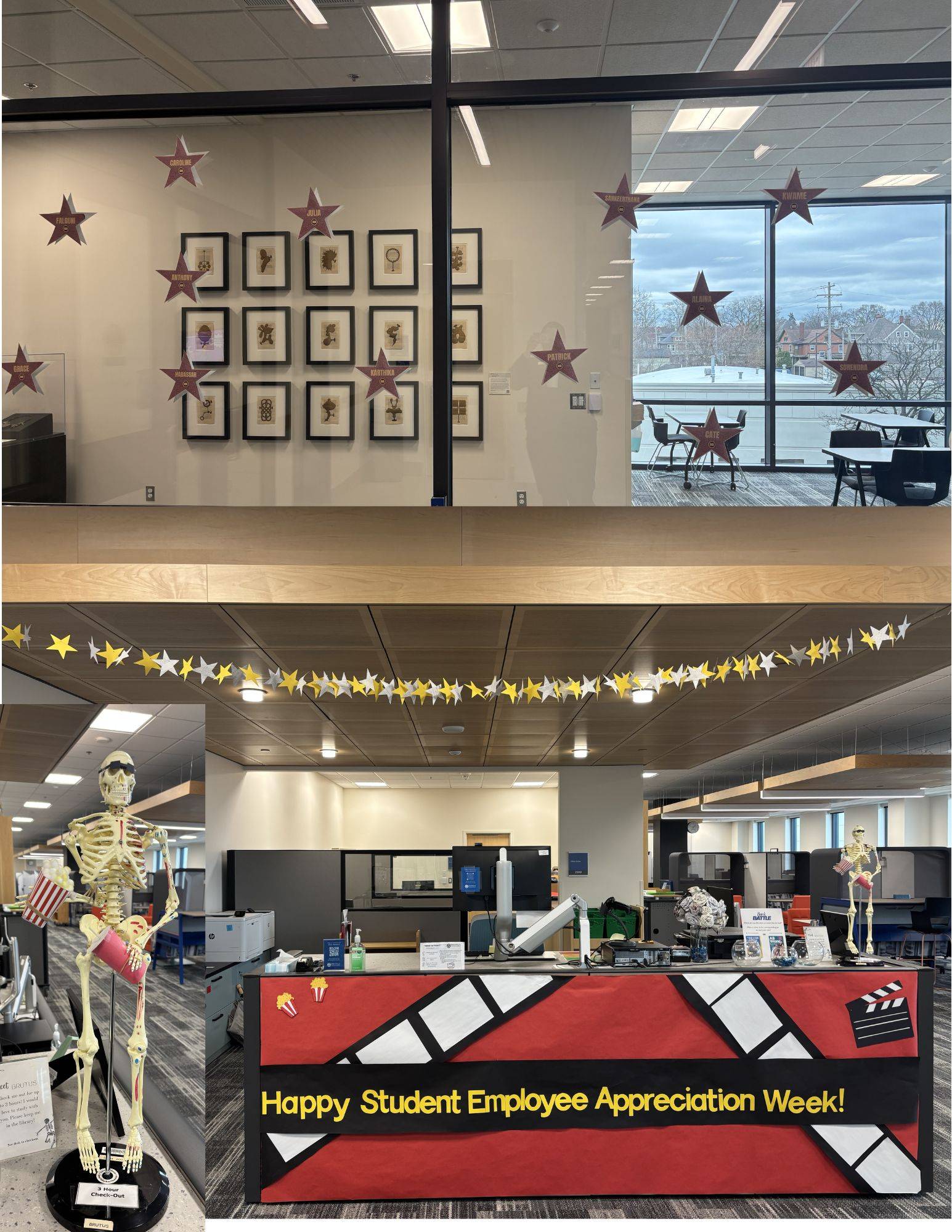 Lots of Hollywood star decorations with student's names on them. White and yellow stars hanging from the ceiling and a large "Happy Student Employee Appreciation Week" banner on the front desk. There is also a skeleton holding pop and a popcorn bucket